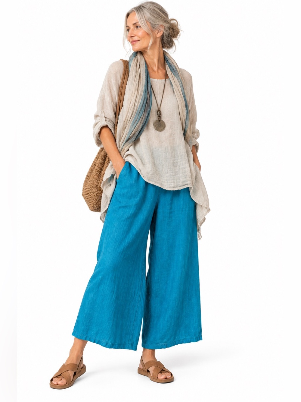EILEEN FISHER 1X Turquoise Organic Linen Wide Leg Crop Pants Pull On